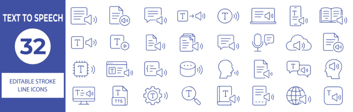 32 Text to Speech Vector Outline Icons Set &ndash; Voice Conversion, Audio Playback, Speech Recognition, Dictation and Voice Technology Line Symbols Collection