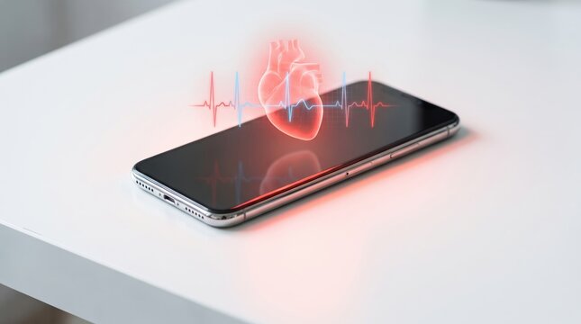 Digital health and telehealth concept with modern smartphone and glowing red 3D holographic heart icon with pulse line, commercial medical stock photo