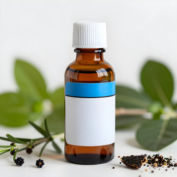 Natural health and wellness concept, amber glass dropper bottle with blank label, herbal medicine and essential oils