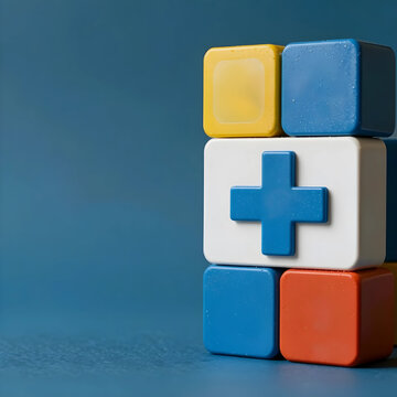 Healthcare and medical support concept, blue cross symbol on white block with colorful cubes, health insurance and wellness