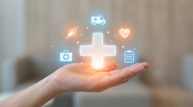 Woman hand holding plus icon for the healthcare medical icon. Health insurance health concept. access to welfare health and copy space,