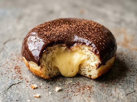 A delicious chocolate glazed donut with creamy vanilla custard filling and a bite taken out.