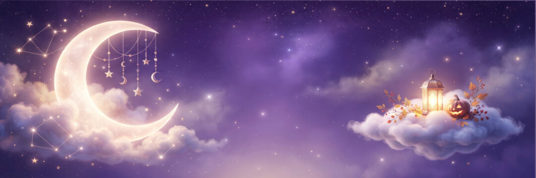 Dreamy fantasy landscape featuring a glowing crescent moon and a magical castle floating on fluffy purple clouds