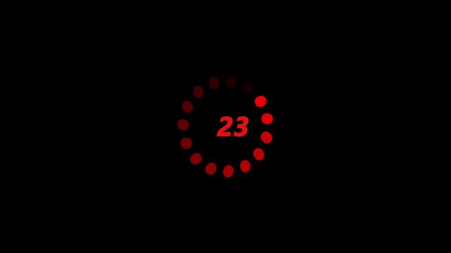 twenty second countdown timer animation, 45 to 0 seconds with small round shape rotation effect on dark background