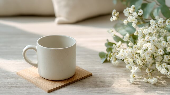 A minimalist composition featuring a white coffee mug on a wooden coaster, accompanied by a delicate bouquet of white flowers and soft, diffused sunlight