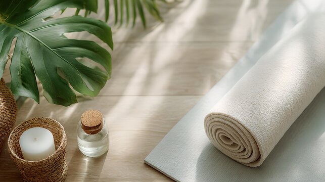 A serene scene featuring a yoga mat, a lit candle, a bottle of essential oil, and lush green leaves, bathed in soft, dappled sunlight, evoking a sense of calm and wellness