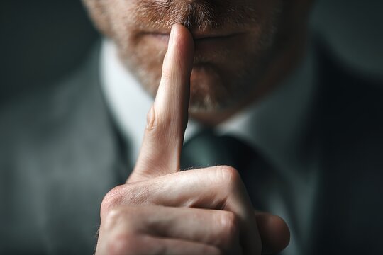 A man in a suit holds his finger to his lips, signaling for silence. The background is dark and moody, creating a sense of mystery and intrigue