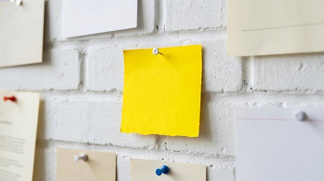 Blank yellow sticky note pinned on white brick wall background with various paper memos and pins