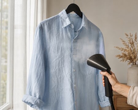 Woman's hand using a black handheld garment steamer on a light blue linen shirt hanging by the window. Home clothing care and ironing routine.