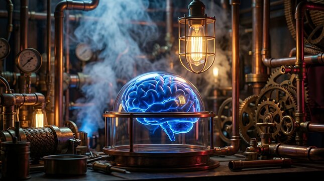 Luminous blue human brain preserved in a steampunk laboratory chamber with complex pipe systems