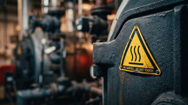 Warning sign displaying hot surface symbol with text on industrial machinery in factory, workplace safety and hazard prevention concept.