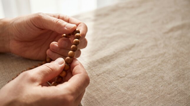 Hands holding wooden prayer beads, counting on natural fabric surface, religious devotion and spiritual mindfulness concept.
