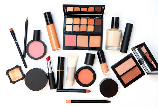 Beauty and makeup products flat lay, cosmetic collection for fashion and skincare, top view on white background