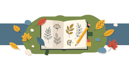 Naklejka premium Flat Botanical Nature Journal Illustration with Autumn Leaves and Pencil