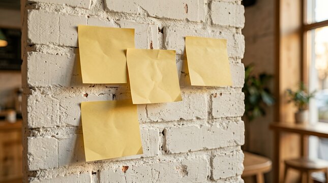Blank yellow sticky notes attached to a textured white brick wall in a bright modern cafe interior