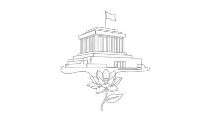 Naklejka premium Continuous One Line Drawing of a Memorial Temple Building with Lotus Flower Illustration