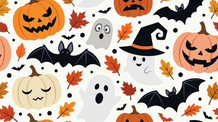 Fototapeta premium Cute Seamless Halloween Pattern with Pumpkins, Ghosts, and Bats