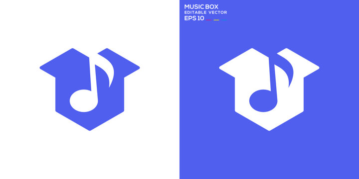 Music box logo. Note, rhythm, casing, instrument. Vector icon symbol design template.