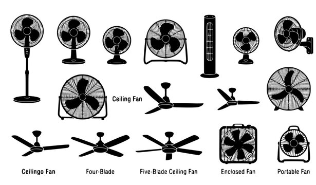 Electric fan silhouette icon collection with table pedestal and ceiling fans vector