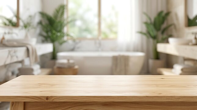 Wooden Table Top Surface Mockup Background with Blurred Modern Bathroom Interior Design for Cosmetic Product Display.