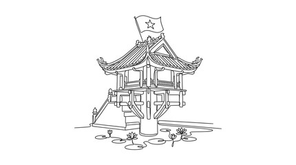 Fototapeta premium Continuous Line Drawing of Traditional Vietnamese Pagoda over Lotus Pond