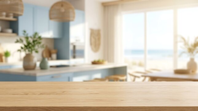 Empty wooden table counter top in blurred modern blue kitchen with ocean view for product display and mockup banner.