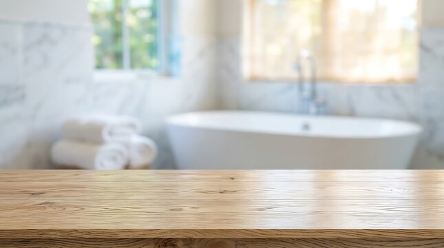 Natural wooden table top with blurred luxury bathroom interior for cosmetic product display and home spa mockup.