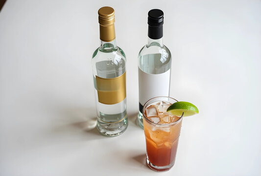 Alcoholic beverage and spirits concept, two liquor bottles with a cocktail drink and lime on a white background