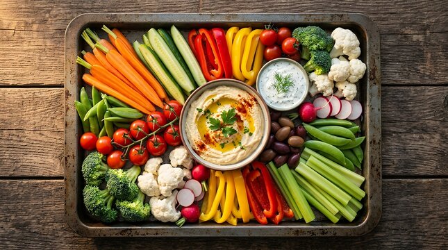 Healthy Fresh Vegetable Platter with Hummus and Dip Served on a Rustic Tray Over a Wooden Background