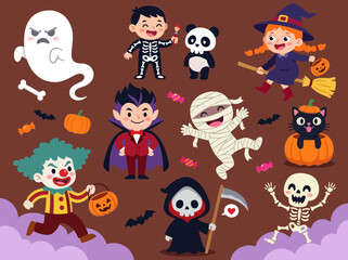 Obraz premium Cute Halloween Character Vector Set with Witch Vampire Mummy and Ghost