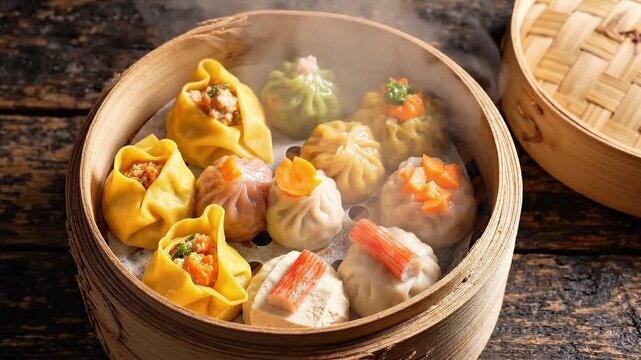 Dimsum steamer being opened and showing hot steamed various dimsum inside