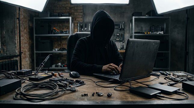 Anonymous hooded hacker working on laptop in dark secret workshop with electronics tools and hardware