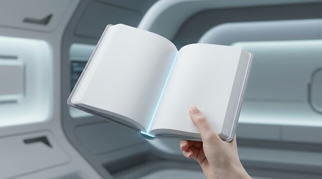 Hand Holding Open Blank Book Mockup in Futuristic Spaceship Interior with Glowing Blue Spine Light