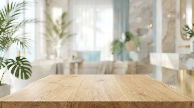 Empty Wooden Table Surface in Luxury Bathroom Interior Background for Product Placement Mockup Presentation Concept