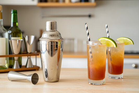 Home bar cocktail making, refreshing summer drinks with shaker and jigger on a kitchen counter for entertaining