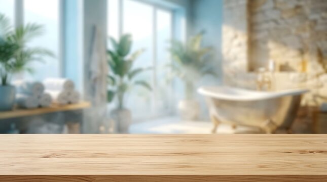 Empty wooden tabletop with blurred luxury bathroom interior background for beauty product presentation mockup display