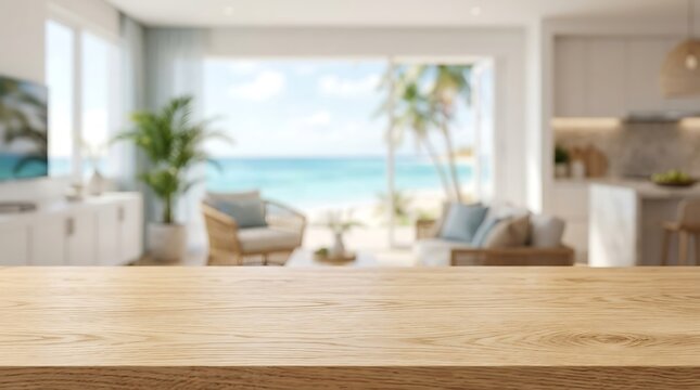 Wooden Table Surface with Blurred Tropical Beach House Living Room Background for Product Display Mockup Presentation