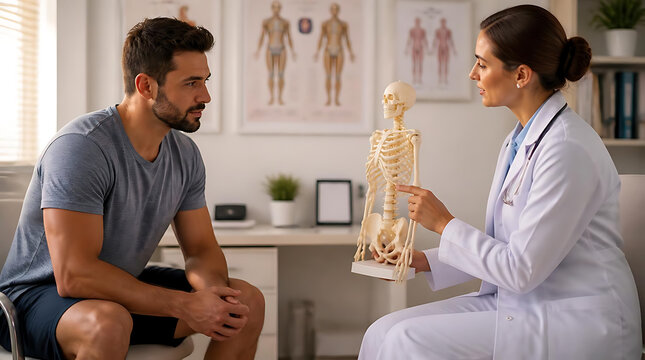 medical consultation in a clinic with a doctor explaining skeletal anatomy to a patient