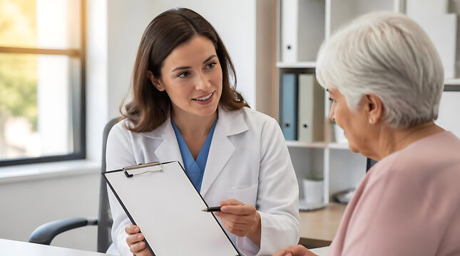 medical consultation between a young female doctor and an elderly female patient discussing health concerns in a bright clinic