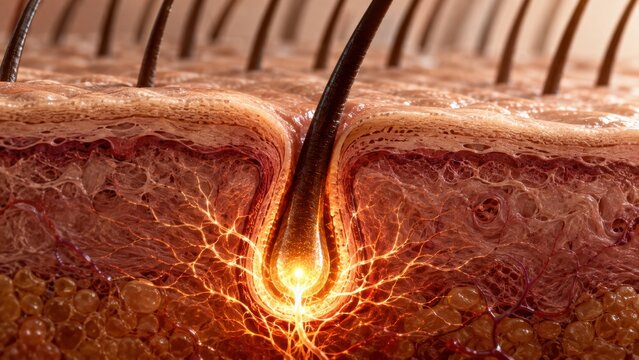 Anatomical hair follicle structure under skin surface with glowing energy for scalp treatment.