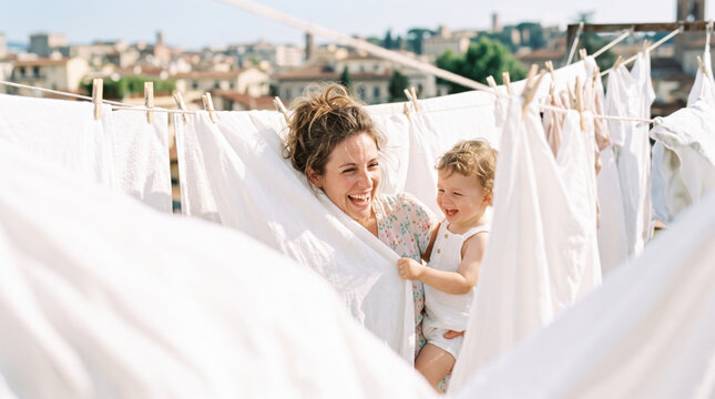 Mother toddler laundry clothesline outdoor happy smiling sunlight family playful