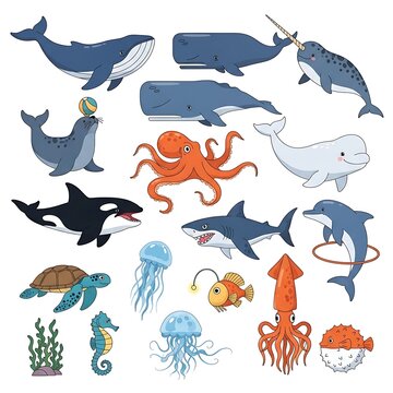 Cartoon underwater sea life collection featuring various marine animals