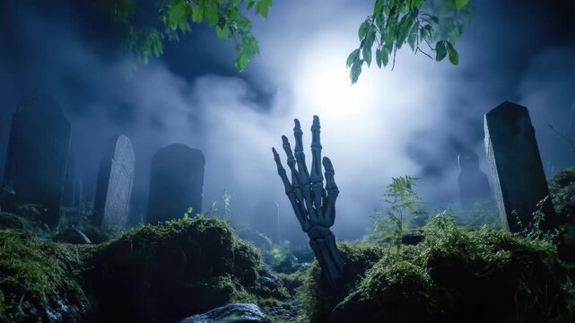Eerie graveyard at night with skeleton hand emerging from moss-covered ground