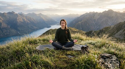 Fototapeta premium Serene Woman Practicing Yoga and Meditation on a High Mountain Peak Overlooking a Beautiful Blue Lake