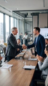 Two businessmen shaking hands across wooden conference table during corporate meeting in modern office with handshake businessmen teamwork