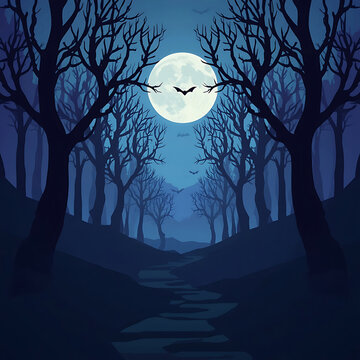 Bat flying in dark forest with full moon at night