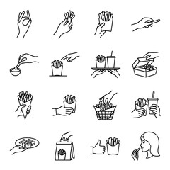 Fototapeta premium Hands Holding French Fries Fast Food Icon Set