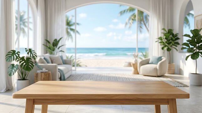 Empty Wooden Table in Modern Tropical Beach House Interior with Ocean View for Product Placement Mockup Background Scene