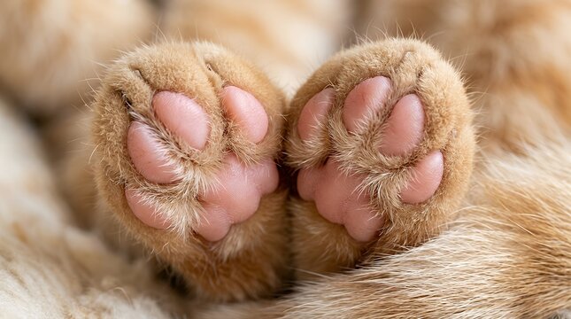 Close-up of Cute Pink Cat Paws and Toe Beans of a Fluffy Ginger Kitten Resting on Soft Blanket