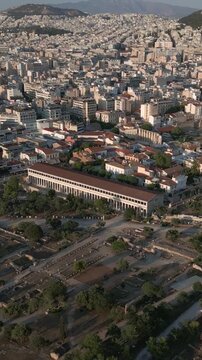 Vertical Aerial View of Stoa of Attalos and Ancient Agora in Athens Greece